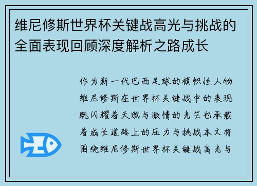 维尼修斯世界杯关键战高光与挑战的全面表现回顾深度解析之路成长